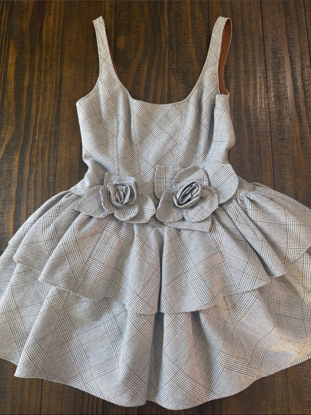 Aknvas Gray Plaid Ruffled Rose-Belt Dress